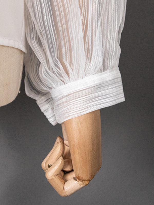 Asymmetric Buttoned See-Through Solid Color Split-Joint Long Sleeves Loose Stand Collar Blouses&shirts Tops