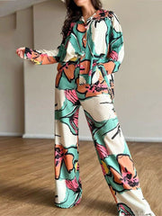 Flower Print Long Sleeves Buttoned Lapel Blouses Top +Wide Leg High Waisted Pants Bottom Two Pieces Set