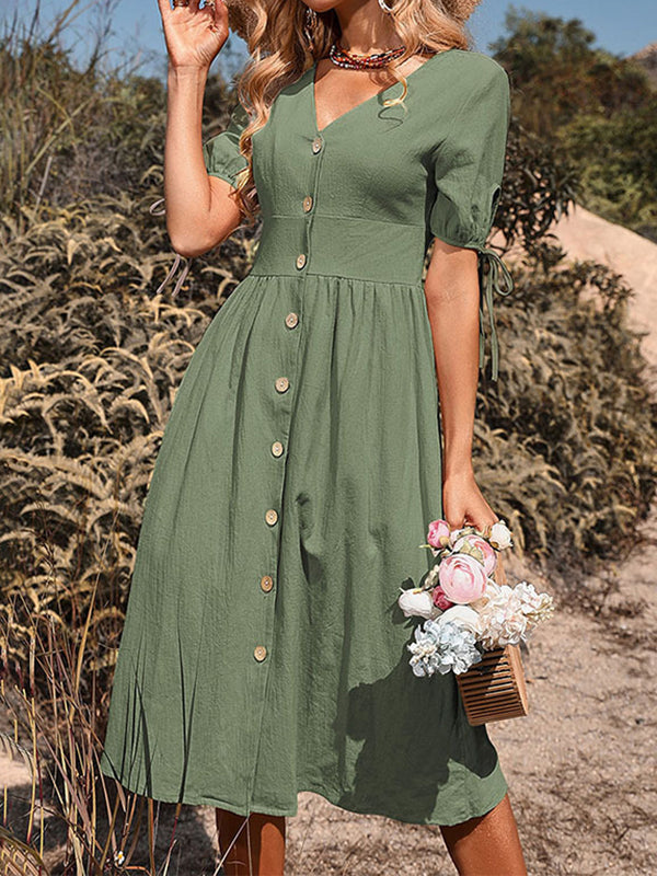 Buttoned Hollow Pleated Split-Joint Tied A-line High Waisted V-neck Midi Dresses