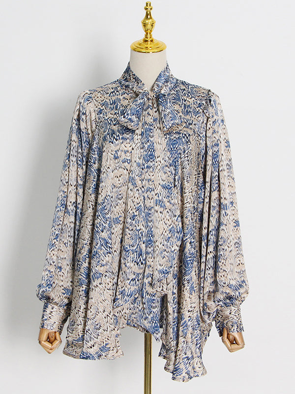 Loose Printed Puff Sleeves Pleated Stand Collar Blouses