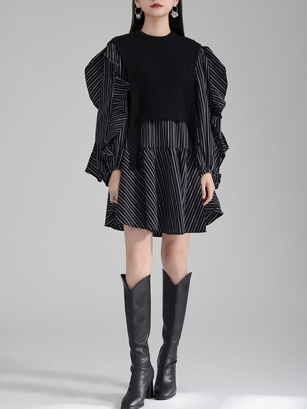 Ruffled Split-Joint Long Sleeves Loose Round-Neck Inner Mini Shirt Dress + Outer Vest Two Pieces Set