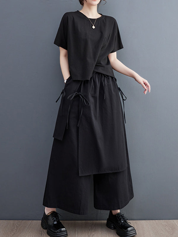 Solid Color Split-Joint Ninth Pants Wide Leg Casual Pants Bottoms