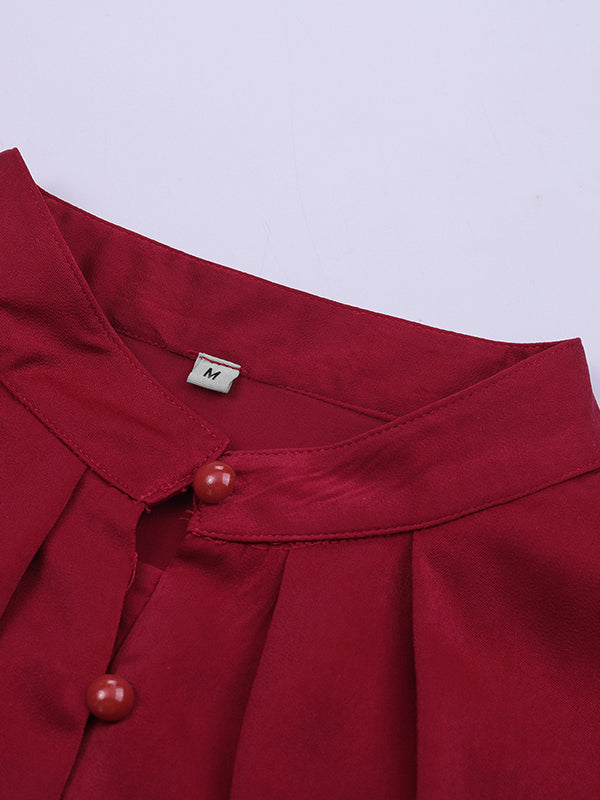 Pleated Solid Color Split-Joint Loose Puff Sleeves Stand Collar Blouses