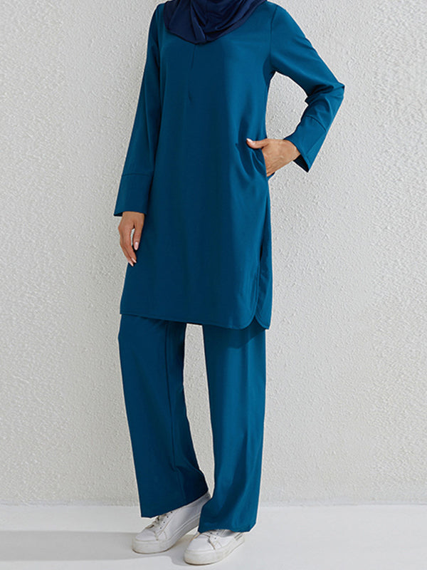 Round-Neck Long Sleeves Pockets Solid Color Split-Side Shirts Top + Pants Bottom Two Pieces Set