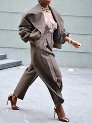 Long Sleeves Pleated Solid Color Notched Collar Outerwear Top + Pants Bottom Two Pieces Set