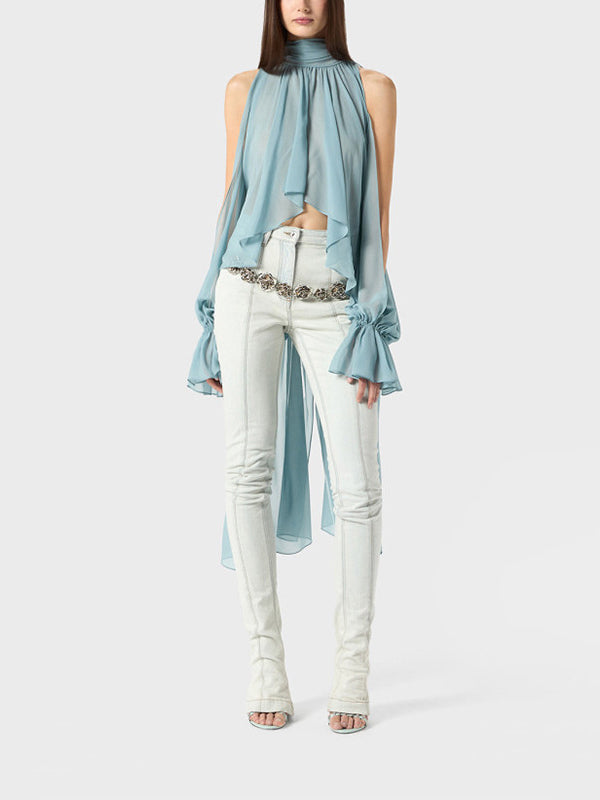 Elasticity Hollow Pleated Solid Color High-Low Long Sleeves Mock Neck Blouses&Shirts Tops