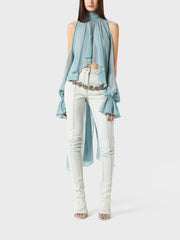 Elasticity Hollow Pleated Solid Color High-Low Long Sleeves Mock Neck Blouses&Shirts Tops
