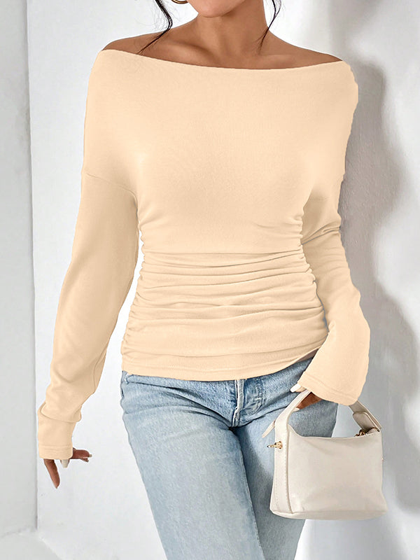 Solid Color Long Sleeves Skinny One-Shoulder T-Shirts Tops