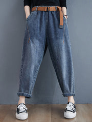 Artistic Retro Loose Velvet Elasticity Belted Jean Pants