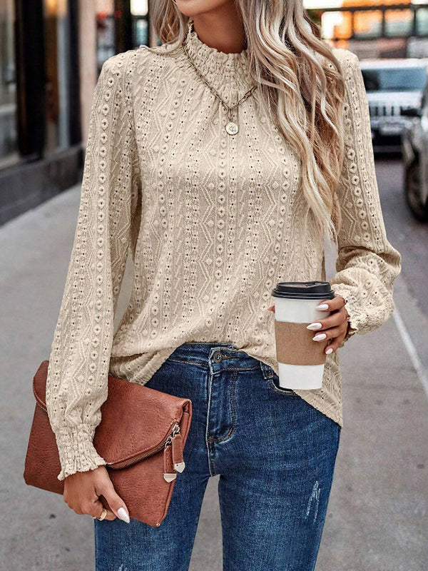 Elasticity Jacquard Pleated Solid Color Long Sleeves Loose Mock Neck T-Shirts Tops