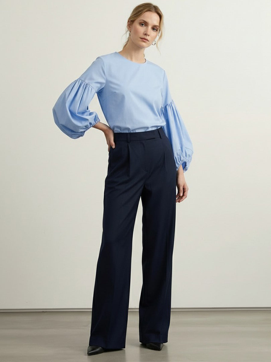 Drawstring Pleated Solid Color Long Sleeves Loose Round-Neck Blouses&Shirts Tops