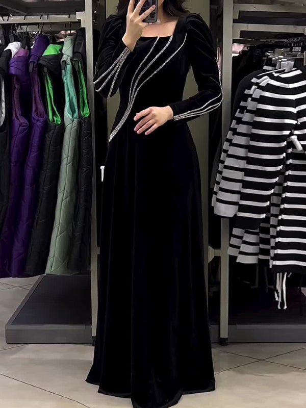Solid Color Tied Waist A-Line Sequined Long Sleeves Maxi Dresses