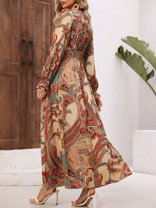 Elasticity Printed Loose Puff Sleeves V-Neck Maxi Dresses
