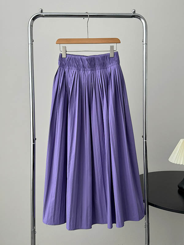 Elasticity Pleated Solid Color A-Line High Waisted Skirts