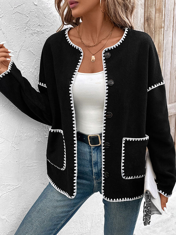 Buttoned Contrast Color Pockets Split-Joint Long Sleeves Loose Round-Neck Cardigan Tops