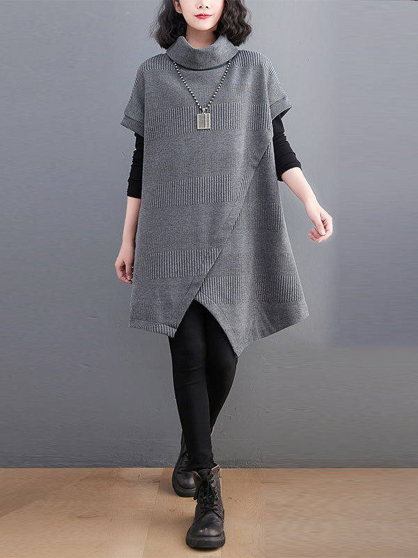 Asymmetric Solid Color Split-front Split-Joint Loose Raglan Sleeve High-neck Mini Dresses Knitwear