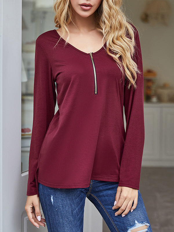Hollow Split-Side Zipper High-Low Long Sleeves V-Neck T-Shirts Tops