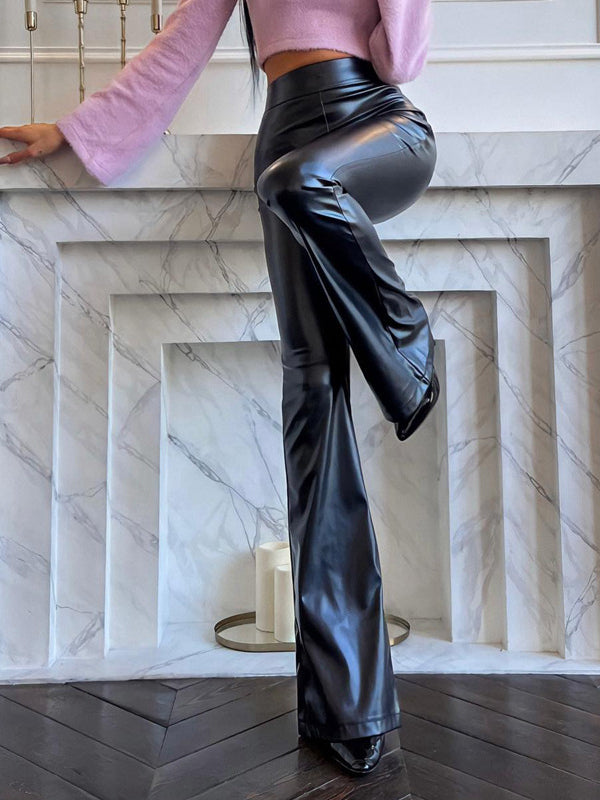Shiny Solid Color High Waisted Pants Flared Trousers