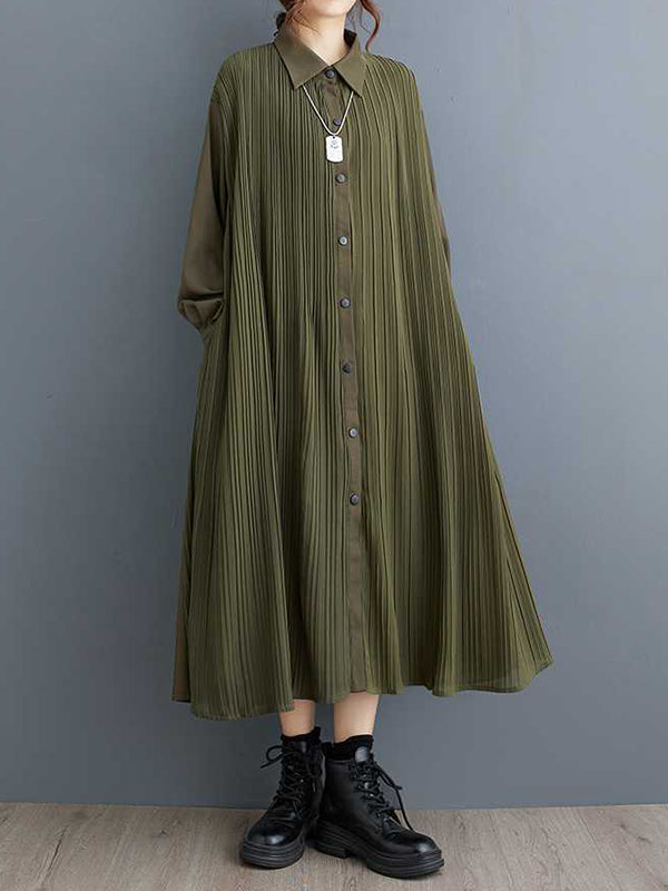 Buttoned Pleated Pockets Split-Joint A-Line Long Sleeves Lapel Shirt Dress Midi Dresses
