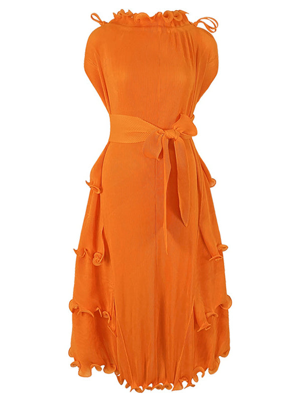 Bandage Lacy Solid Color Loose High-neck Midi Dresses