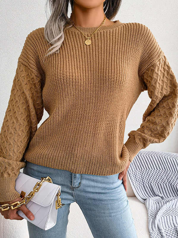 Cable Knit Solid Color Long Sleeves Loose Round-Neck Sweater Tops