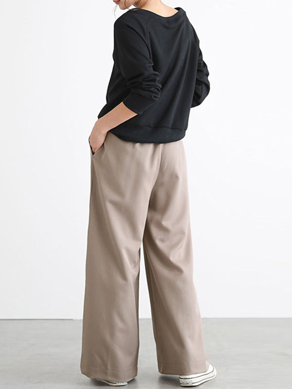 Elasticity Solid Color Split-Joint Wide Side High Waisted Wide Leg Trousers Pants