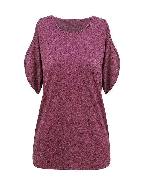 Hollow Solid Color Loose Short Sleeves Cold Shoulder T-Shirts Tops