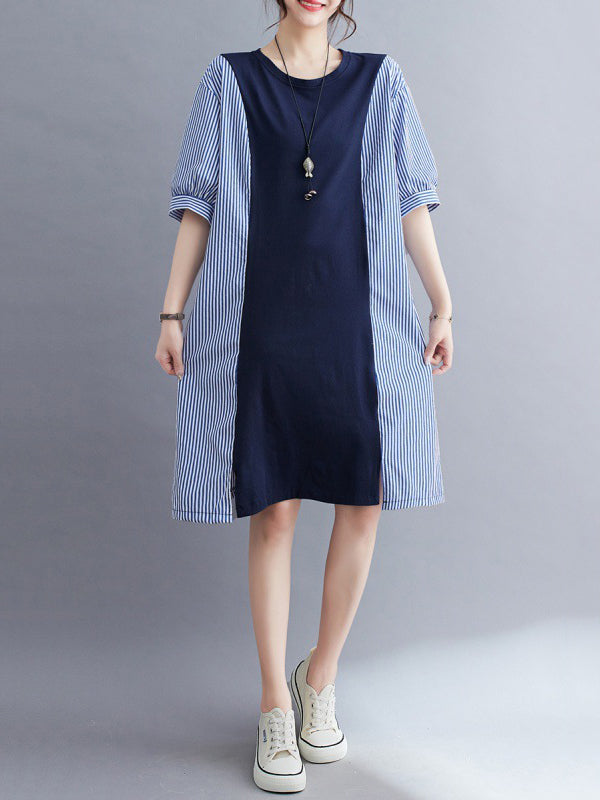 Split-Joint Striped Loose Short Sleeves Round-neck Midi Dresses