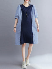 Split-Joint Striped Loose Short Sleeves Round-neck Midi Dresses
