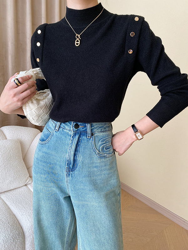 Buttoned Split-Joint Long Sleeves High-Neck Sweater Tops