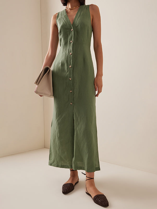 Split-Joint Split-side Loose Sleeveless V-neck Shirt Dress Midi Dresses