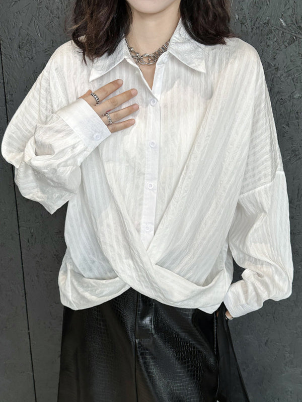 Buttoned Solid Color Long Sleeves Loose Lapel Blouses&Shirts Tops
