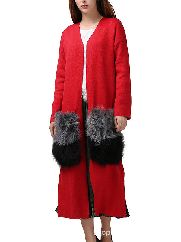Casual Tied Contrast Color Split-Joint With Big Pockets Cardigan Coats