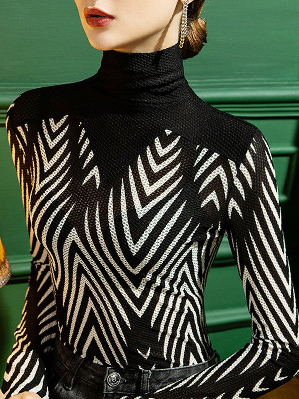 See-Through Split-Joint Long Sleeves Plus Size High Neck T-Shirts