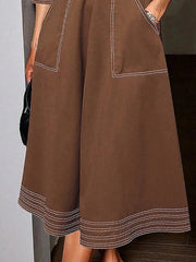 Buttoned Elasticity Pockets Solid Color Long Sleeves Loose Lapel Maxi Dresses