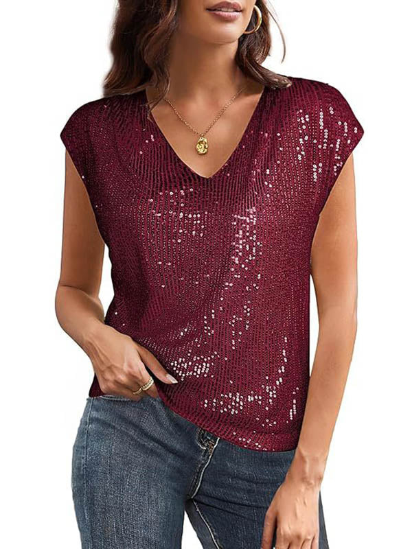 Sequined Solid Color Loose Raglan Sleeve V-Neck T-Shirts Tops
