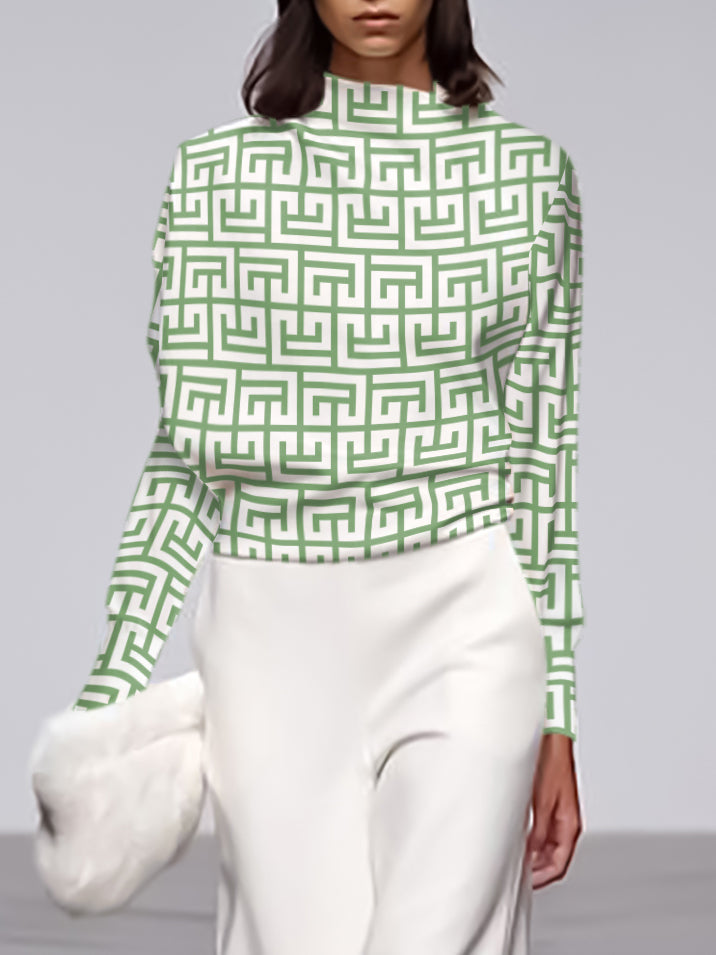 Long Sleeves Loose Geometric Printed Stand Collar T-Shirts Tops
