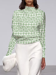 Long Sleeves Loose Geometric Printed Stand Collar T-Shirts Tops