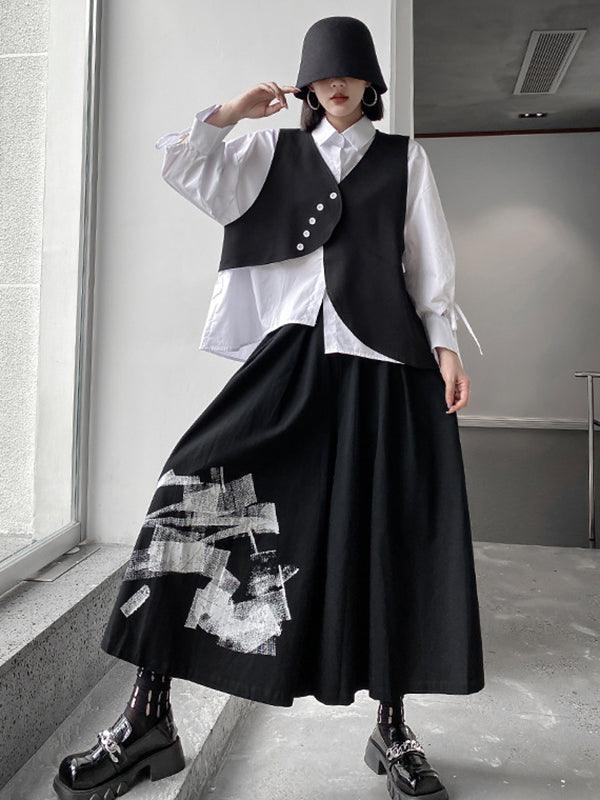 Original Loose Lace-Up Hollow Sleeve Blouse+Black Vest+Wide Leg Pants Culotte Three Pieces Set