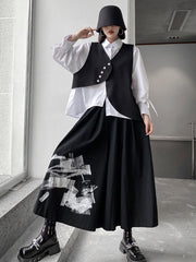 Original Loose Lace-Up Hollow Sleeve Blouse+Black Vest+Wide Leg Pants Culotte Three Pieces Set