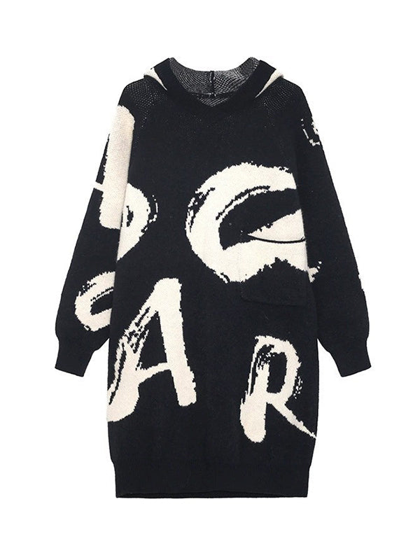 Knitted Letters Pockets Long Sleeves Loose Hooded Sweater Dresses Mini Dresses