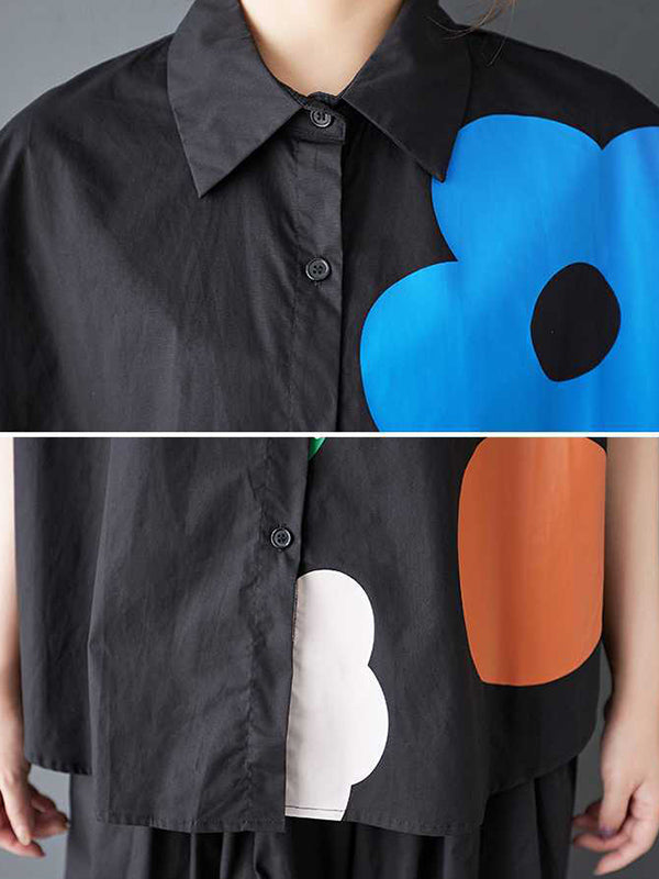 Buttoned Flower Print Loose Short Sleeves Lapel Blouses&Shirts Tops