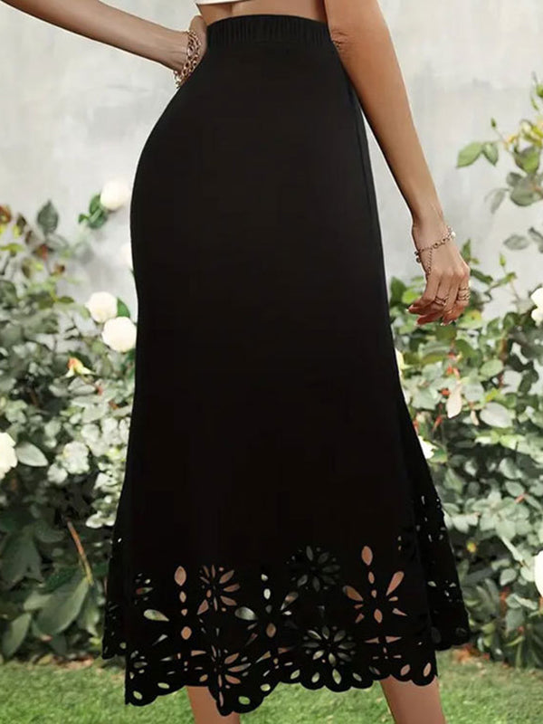 Elasticity Hollow Solid Color Bodycon High Waisted Skirts Bottoms