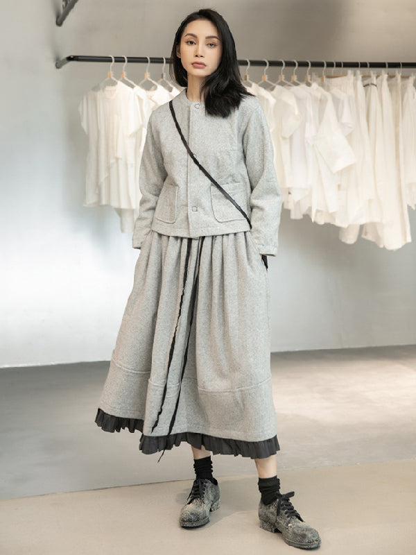 Urban Long Sleeves Buttoned Round-Neck Jacket Top+ Split-Joint Skirt Two Pieces Set