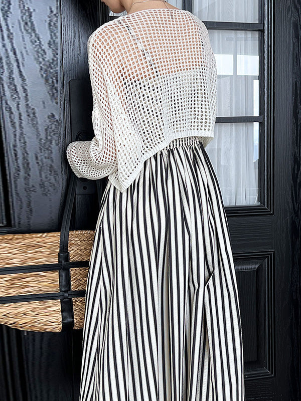 Pleated Split-Joint Striped Loose Sleeveless Spaghetti-Neck Midi Dresses