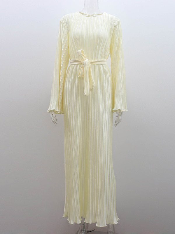 Pleated Solid Color Flared Sleeves Long Sleeves Round-Neck Maxi Dresses