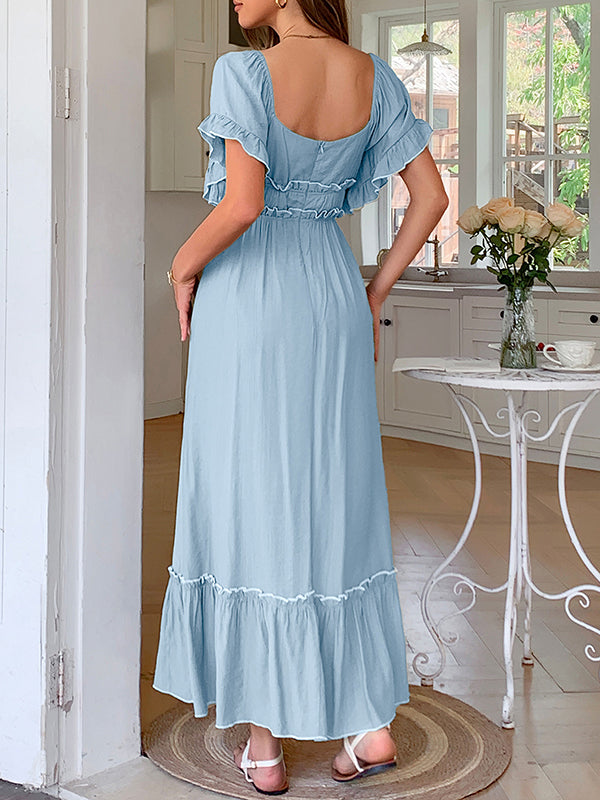 Pleated Ruffle Trim Split-Joint Zipper A-Line High Waisted Square-Neck Midi Dresses