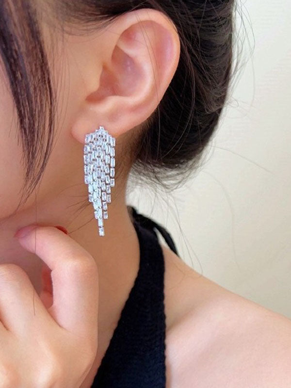 Rhine Stones Solid Color Tasseled Drop Earrings