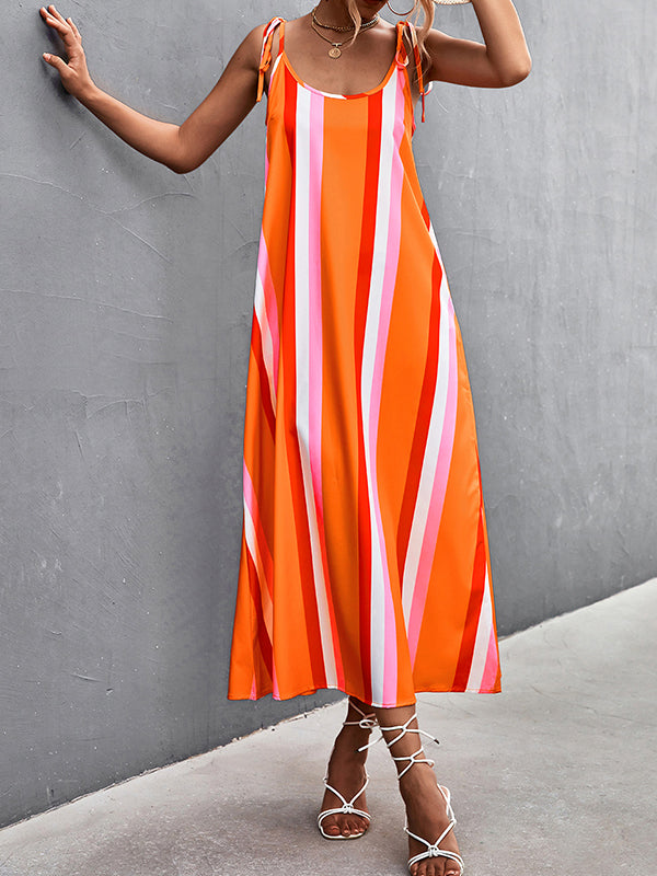 Contrast Color Striped Tied Loose Sleeveless U-Neck Slip Dress Midi Dresses