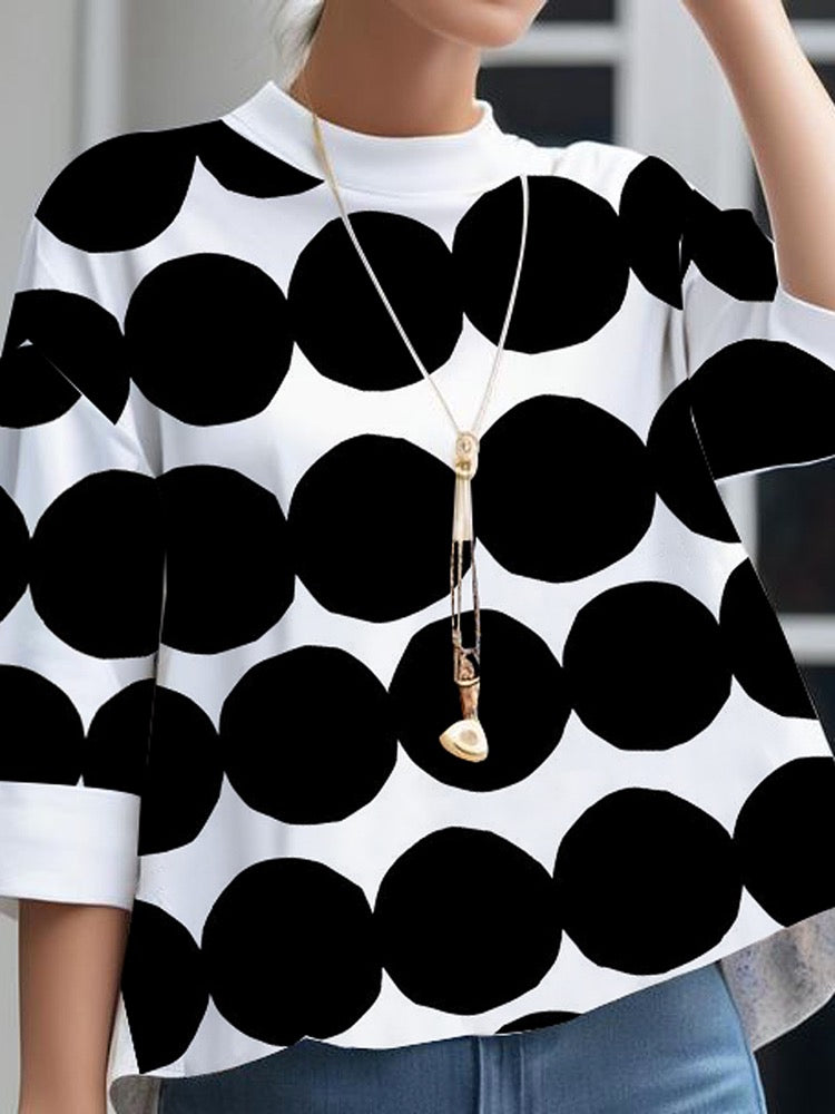 Polka-Dot Loose Three-Quarter Sleeves Stand Collar T-Shirts Tops